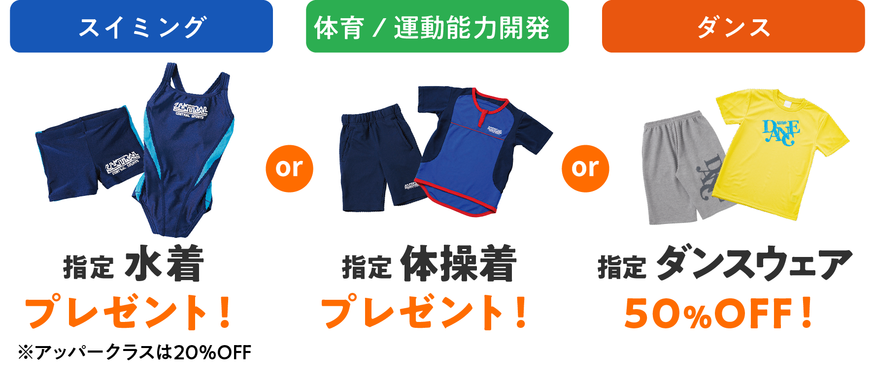 特典2スイミング体育指定ウェアプレゼント！ダンスウェアは50%OFF