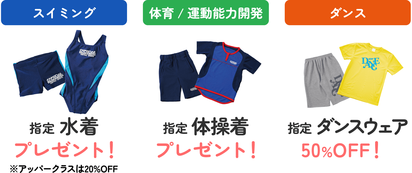 特典2スイミング体育指定ウェアプレゼント！ダンスウェアは50%OFF