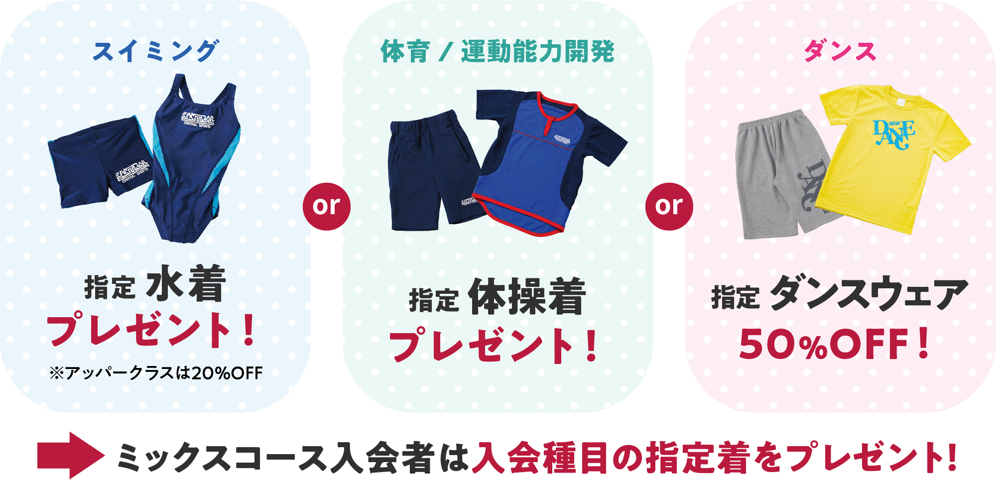スイミングと体育と運動能力開発は指定ウェアをプレゼント！ダンスは指定ウェア50％オフ！ミックスコースは入会種目の指定着をプレゼント！