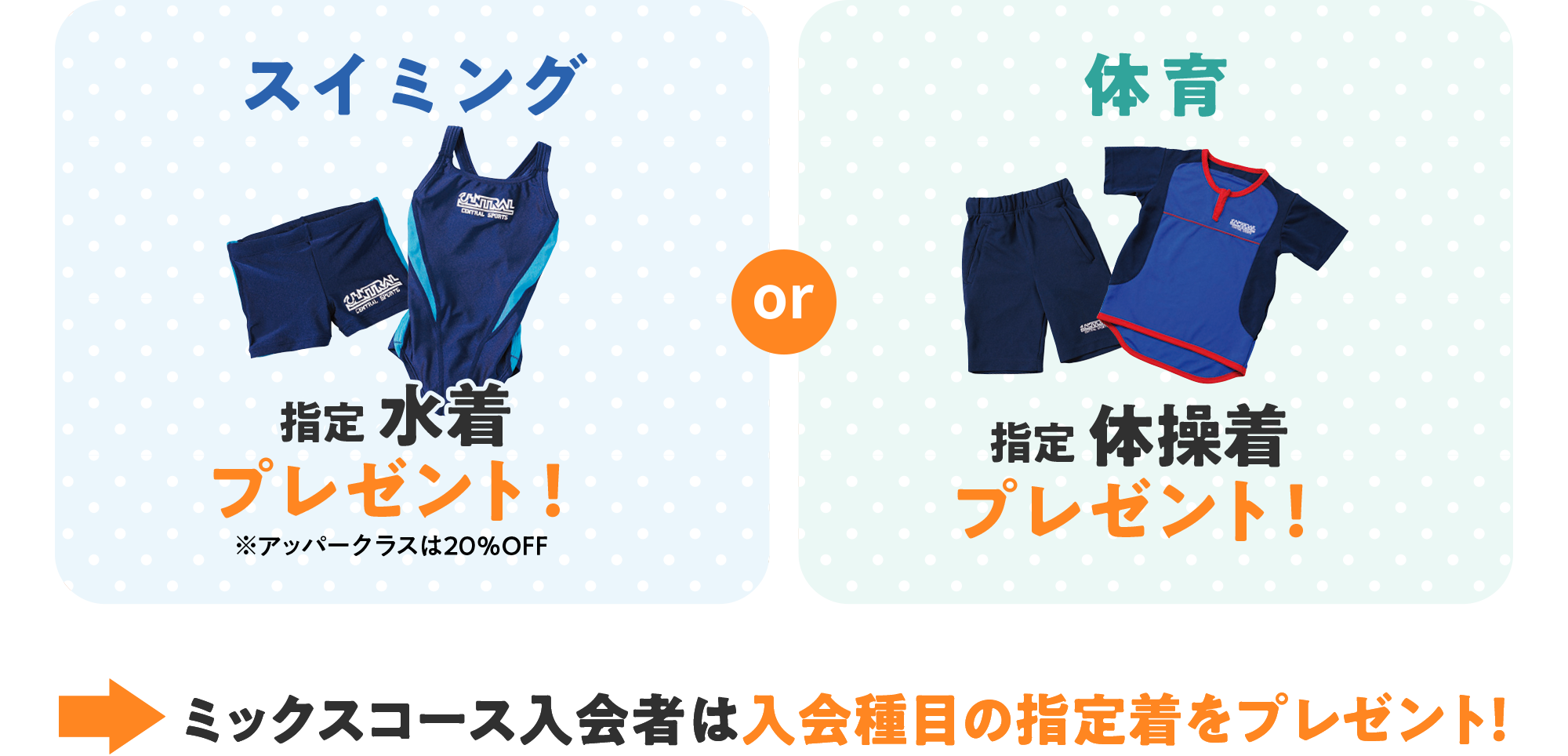スイミングと体育は指定ウェアをプレゼント！ミックスコースは入会種目の指定着をプレゼント！