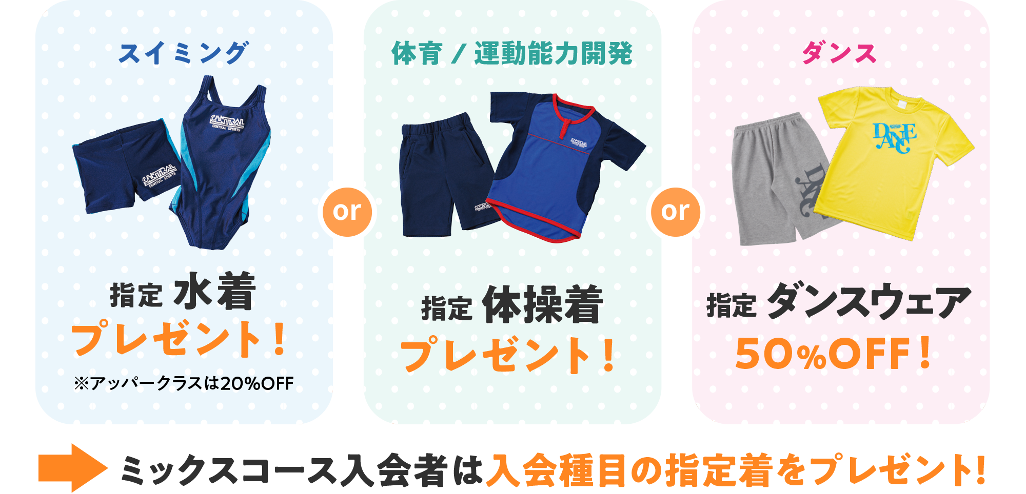 スイミングと体育と運動能力開発は指定ウェアをプレゼント！ダンスは指定ウェア50％オフ！ミックスコースは入会種目の指定着をプレゼント！
