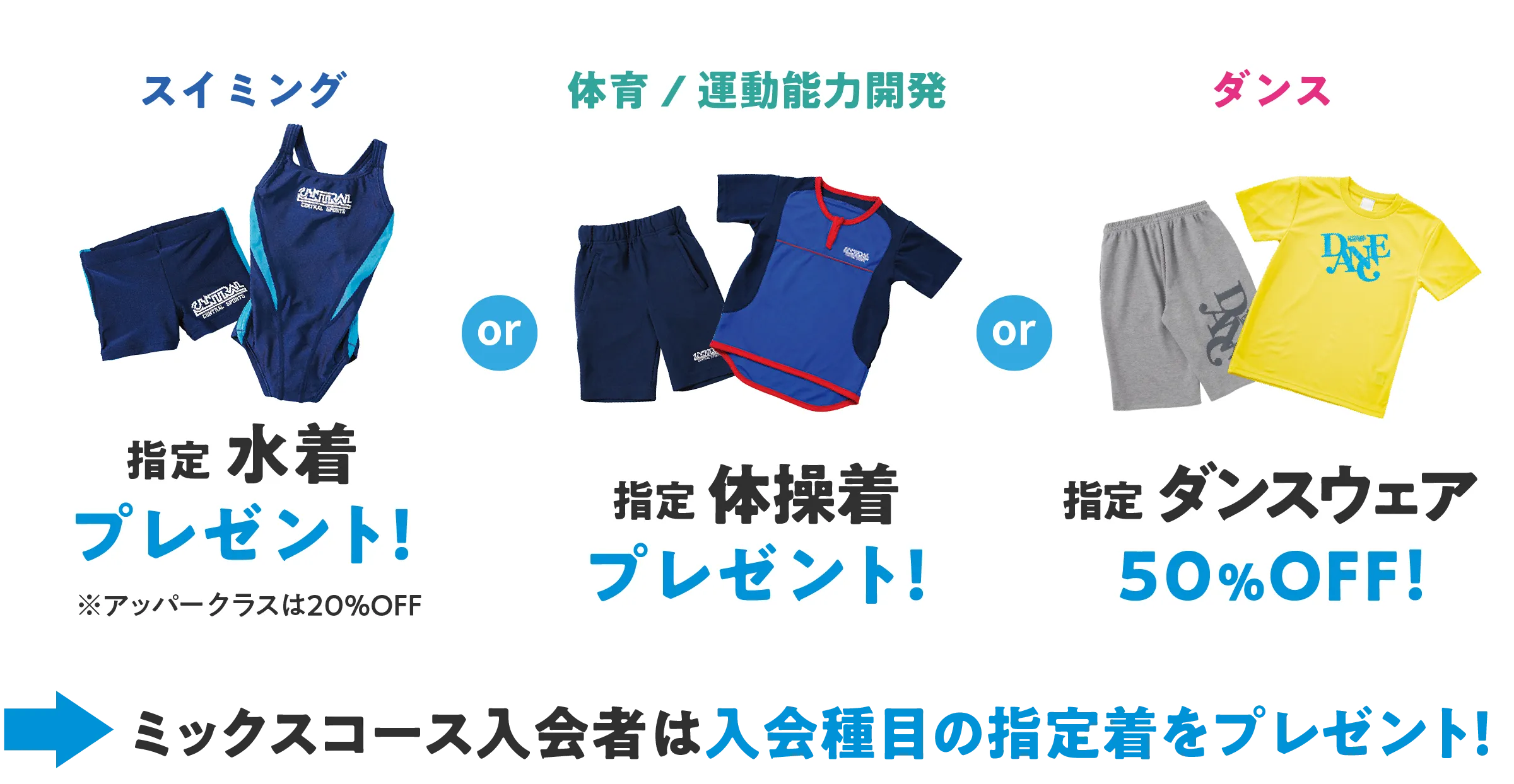 スイミングと体育と運動能力開発は指定ウェアをプレゼント！ダンスは指定ウェア50％オフ！ミックスコースは入会種目の指定着をプレゼント！