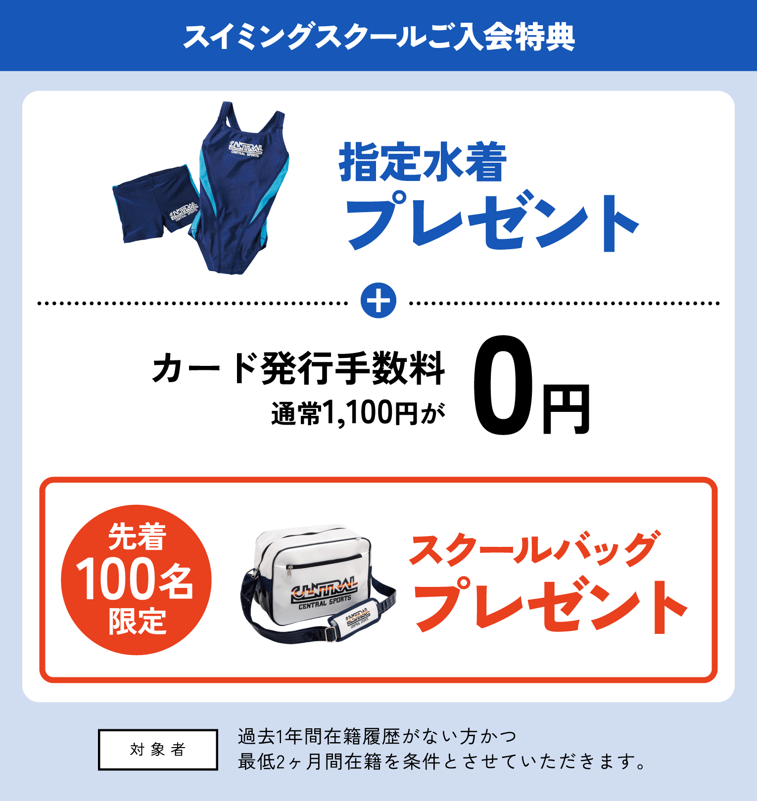 指定水着プレゼントとカード発行手数料0円と先着100名限定スクールバッグプレゼント！過去1年間在籍履歴がない方かつ最低2ヶ月間在籍を条件とさせていただきます。