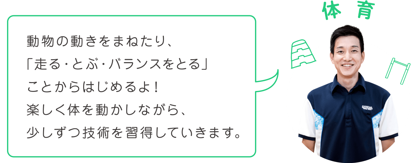 動物の動きをまねたり、「走る・とぶ・バランスをとる」ことからはじめるよ！楽しく体を動かしながら、少しずつ技術を習得していきます。